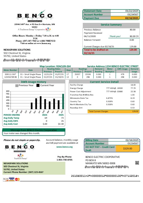 USA Minnesota Benco Elecric electricity easy fillable business utility bill template in Word and PDF formats